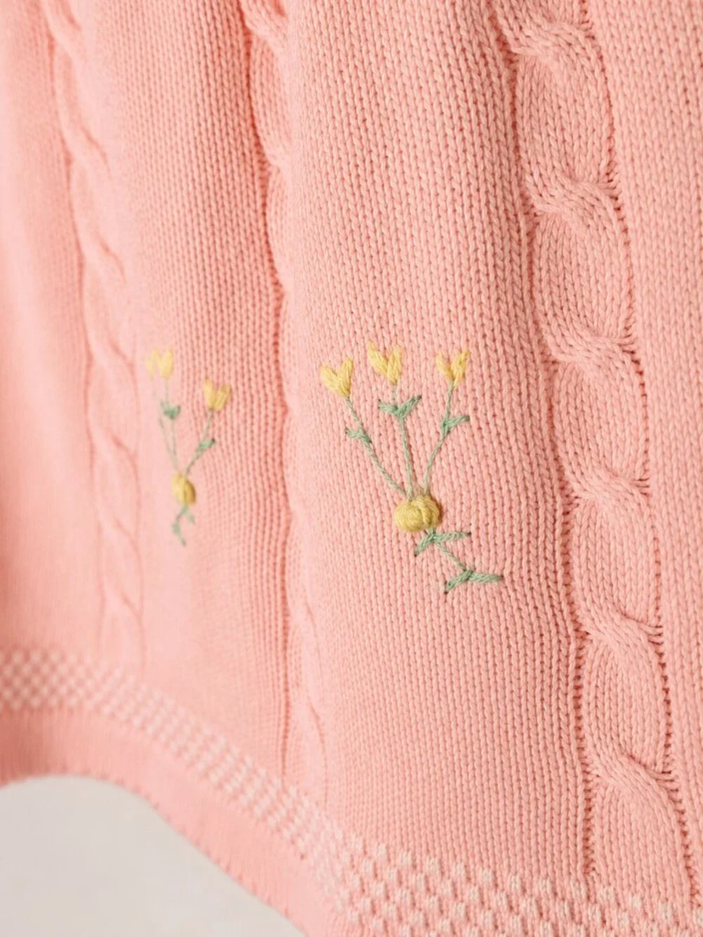 Vintage Pink Hand Knit Style Baby Sweater Dress Floral Embroidered Acrylic